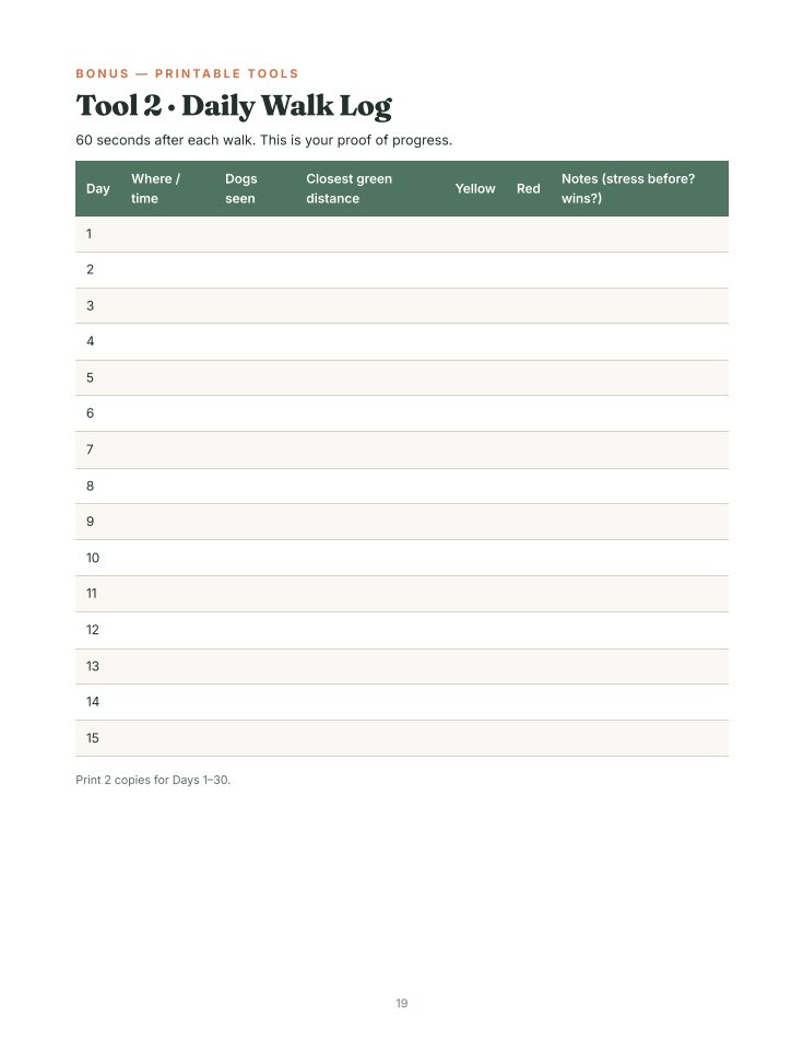 Inside page: the daily walk log